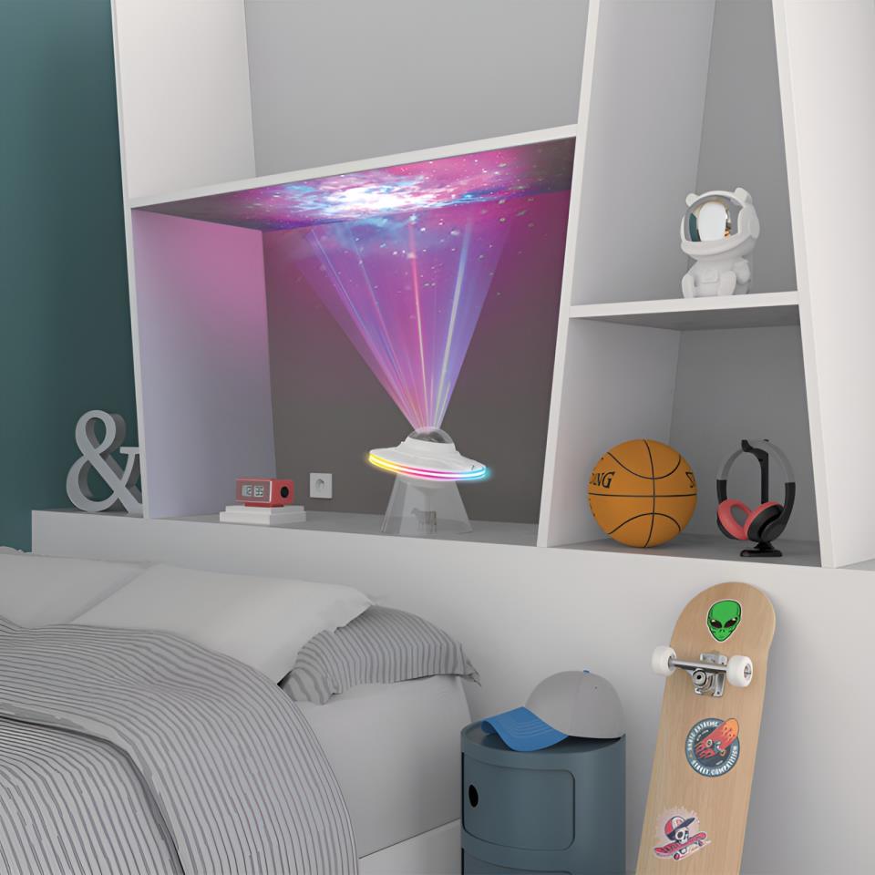 Vaisseau spatial LED Spacelite, 8 modes de projection de nébuleuses, projection d'un ciel étoilé, enceinte Bluetooth intégrée, ruban digital synchronisé à la musique, minuteur intégré